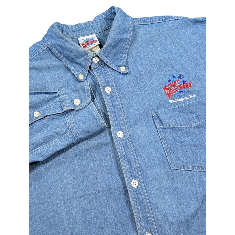 Planet Hollywood Denim Shirt Mens XL Blue Washington DC Button Down USA 90s VTG